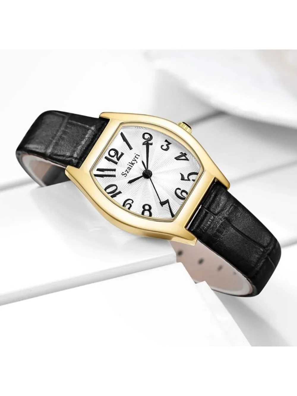 Women's Black Gold Barrel-Shaped Easy Read Arabic Numerals Dress Wrist Watch